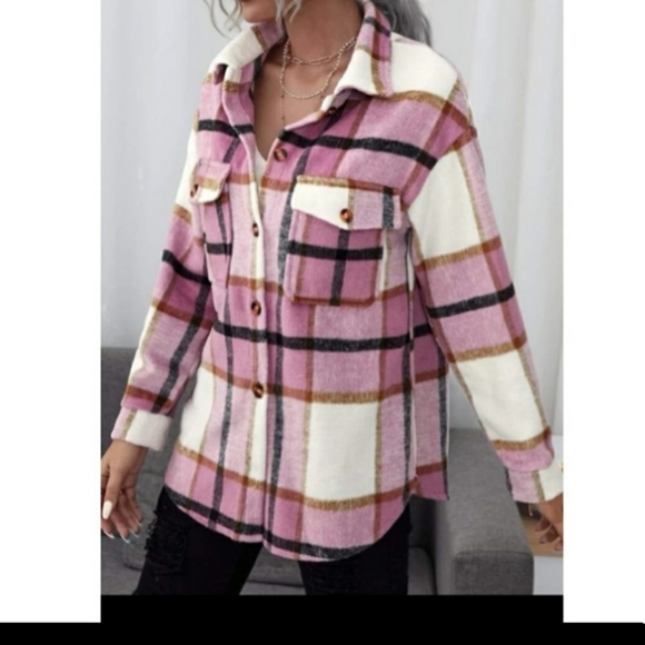 Pink Multicolor Plaid Button Front Coat - Picture 3 of 6